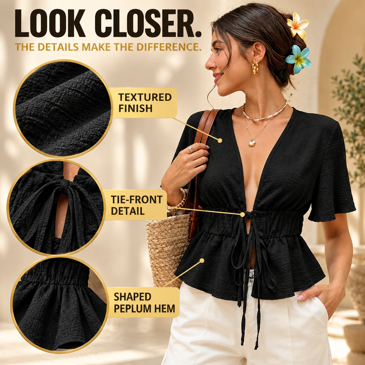 Black Tie Front Peplum Top, Deep V Neck Short Sleeve Blouse, Women’s Flared Waist Summer Shirt, Vacation Date Night Top