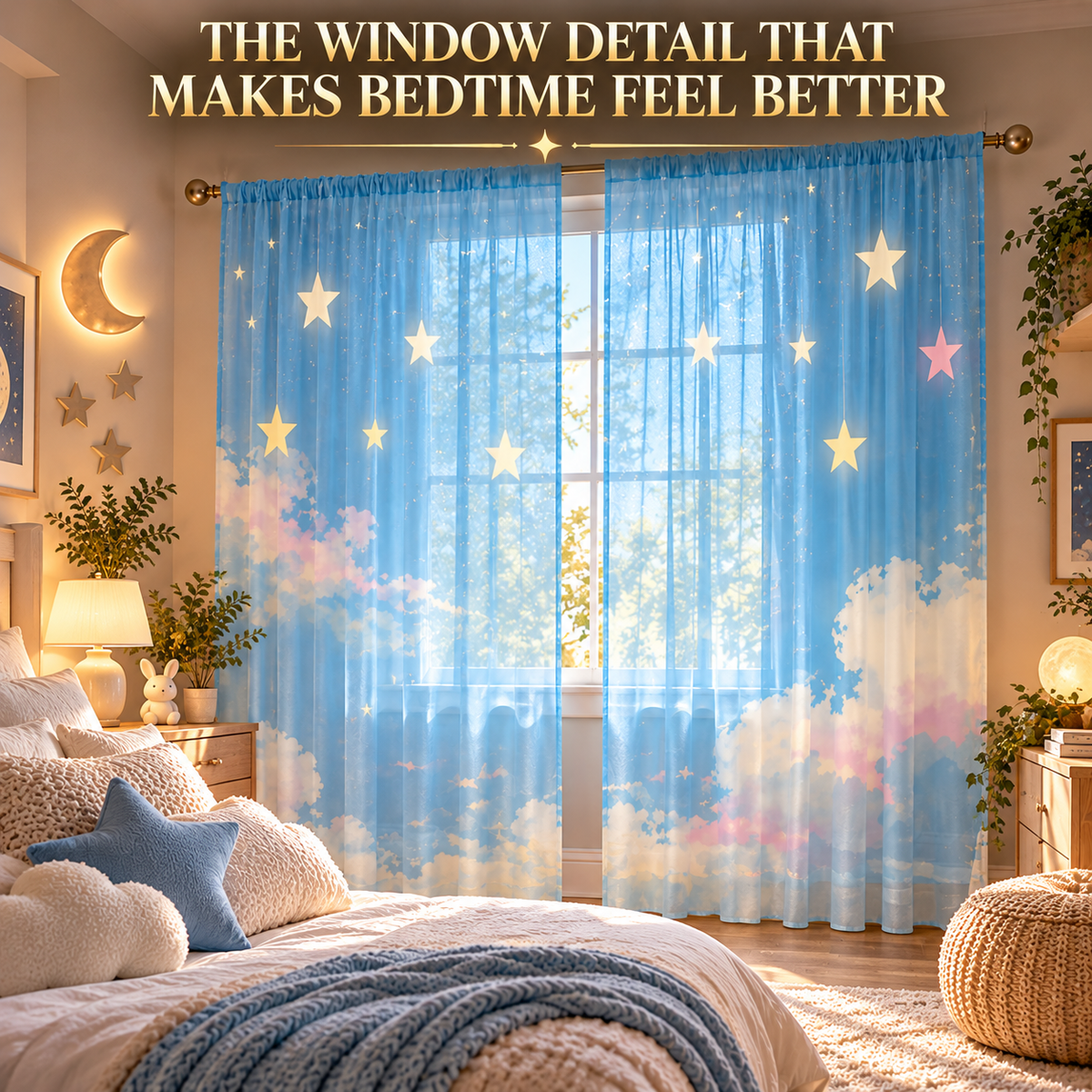 Star Cloud Sheer Curtains | Dreamy Bedroom Window Drapes | Celestial Room Decor | Rod Pocket Living Room Panels