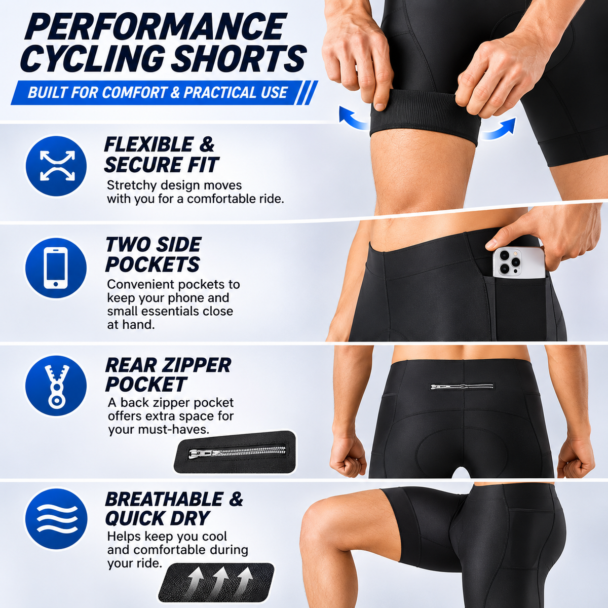 Men's Padded Cycling Shorts with Side Pockets, Breathable Quick Dry Bike Shorts for Road and Mountain Riding  Copy Title