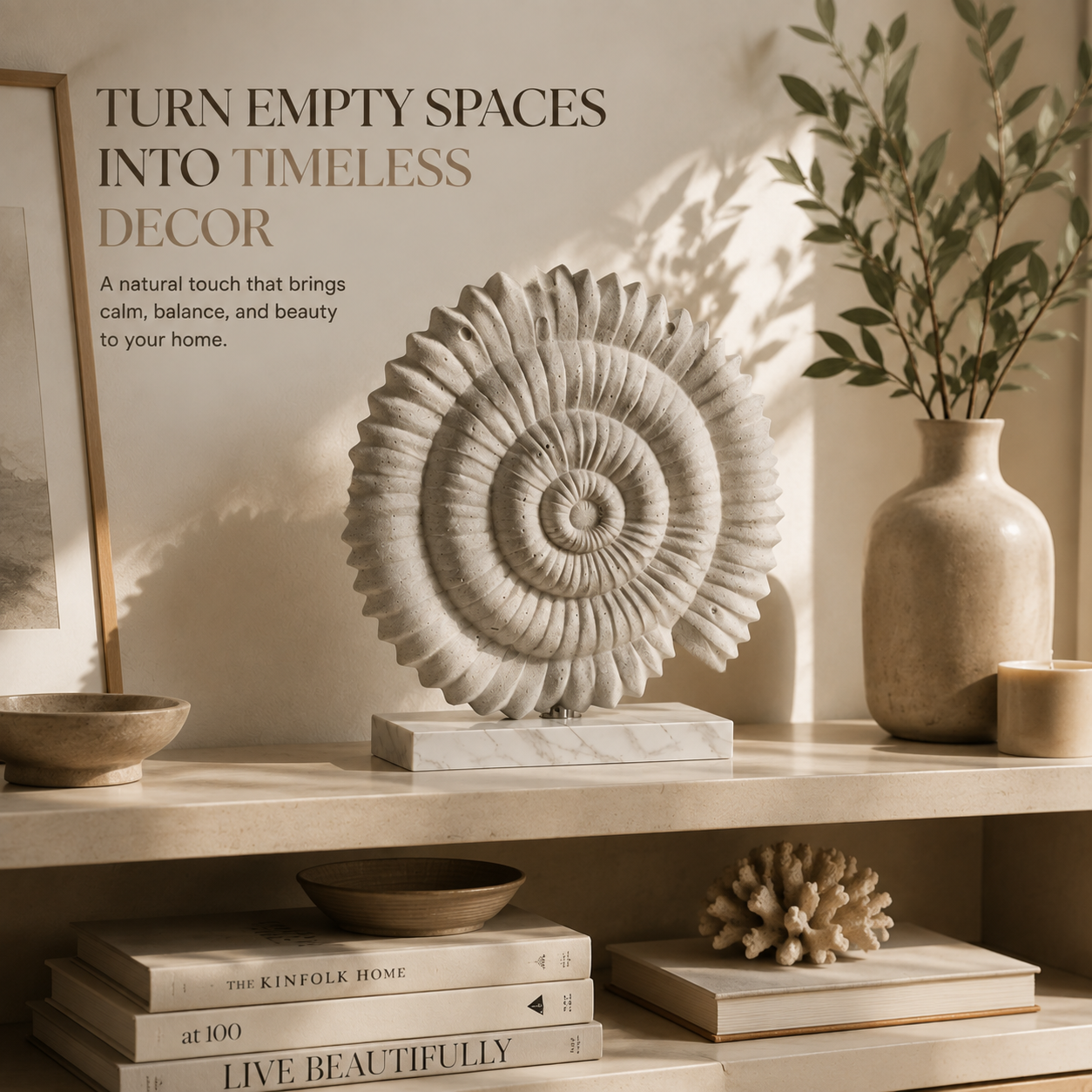 Spiral Shell Figurine Decor | Sea Shell Statue Ornament | Coastal Home Accent | Resin Shell Sculpture for Shelf Table Display