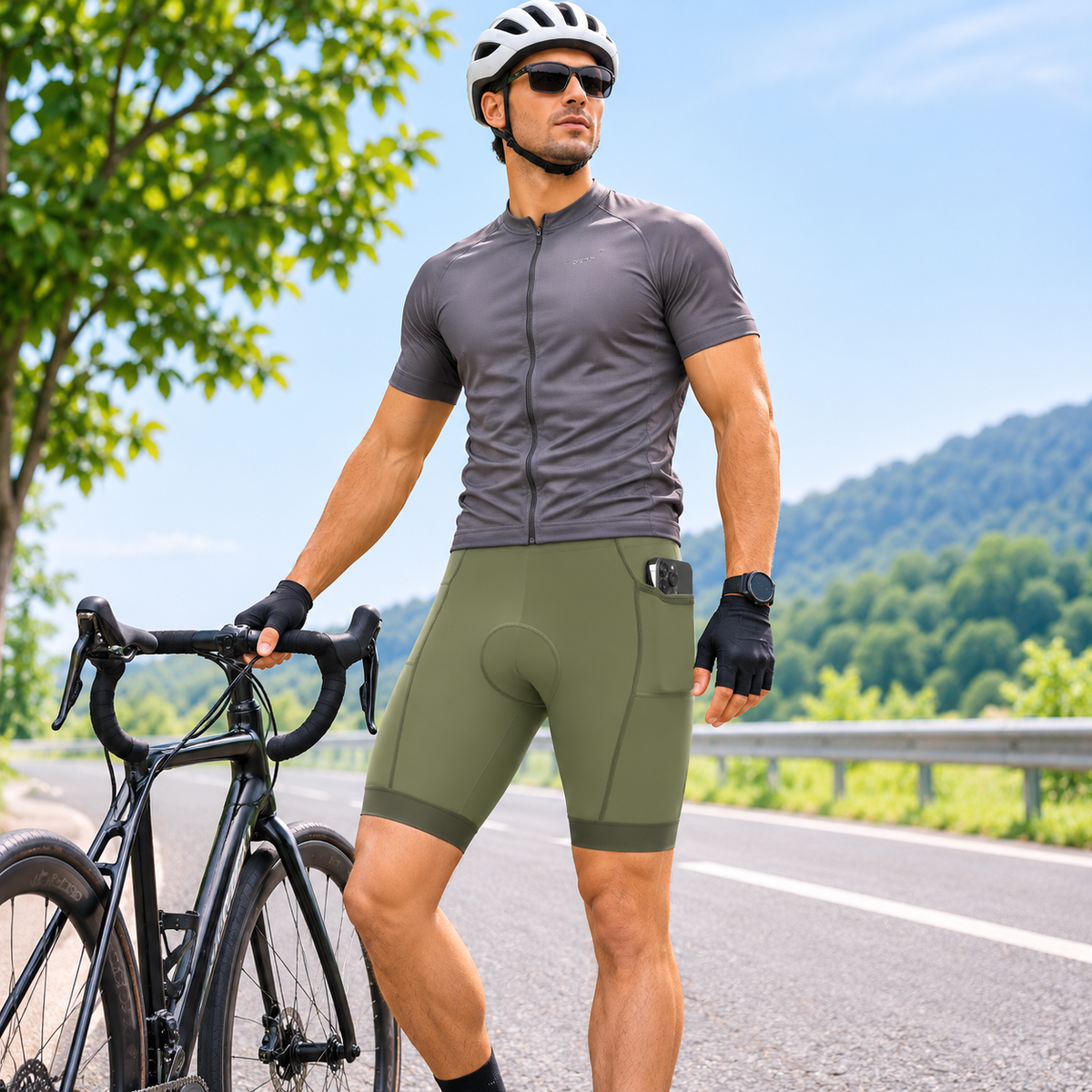 Men's Padded Cycling Shorts with Side Pockets, Breathable Quick Dry Bike Shorts for Road and Mountain Riding  Copy Title