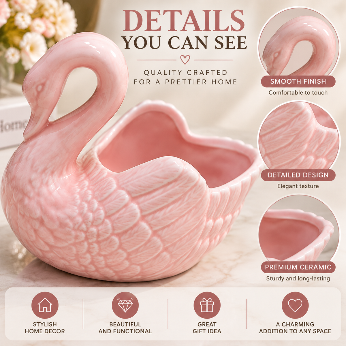 Ceramic Swan Decor Bowl | Elegant Home Accent | Decorative Storage Dish | Desktop Organizer | Flower Holder Ornament