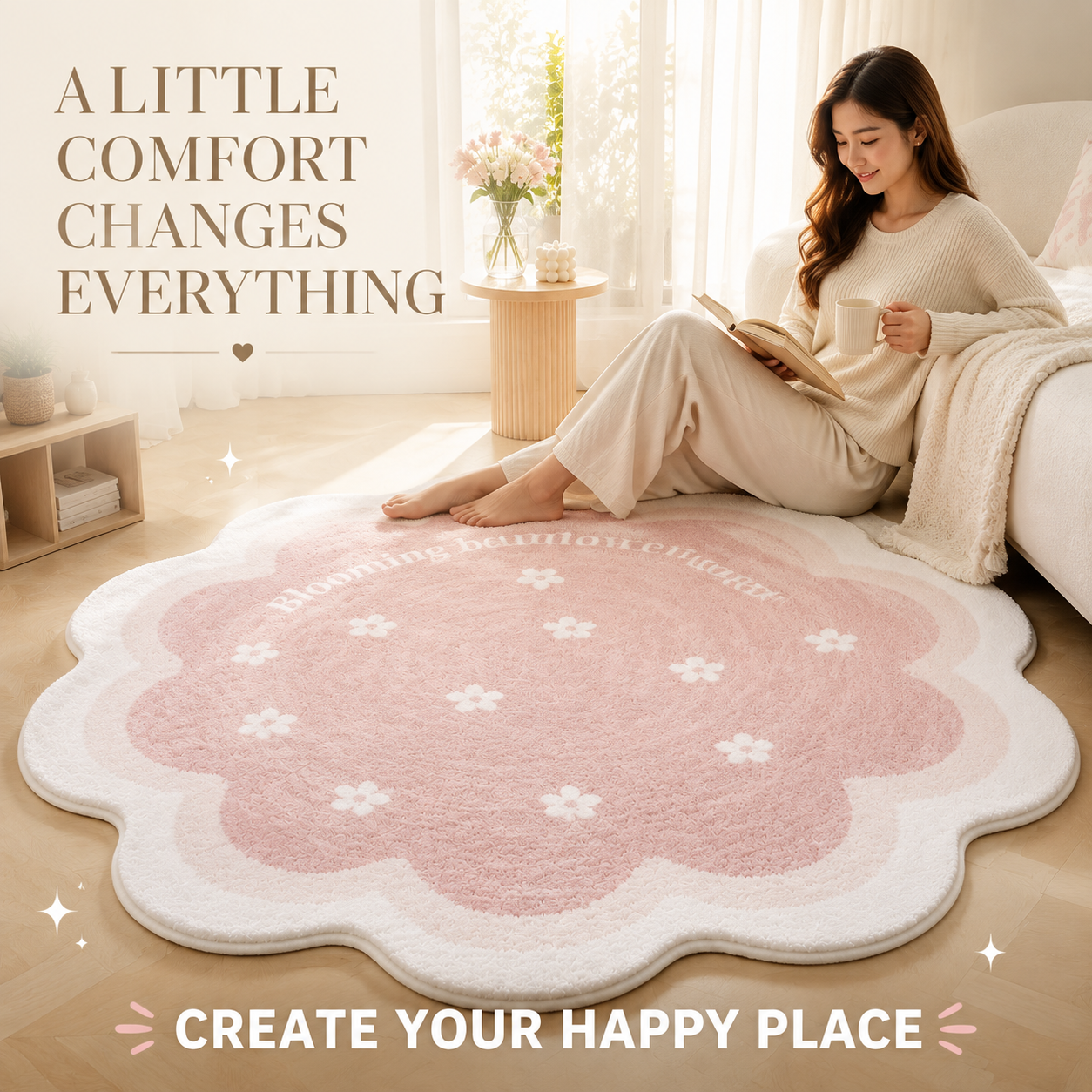Flower Shaped Area Rug | Soft Plush Bedroom Carpet | Cute Floral Floor Mat | Cozy Living Room Decor | Irregular Home Accent