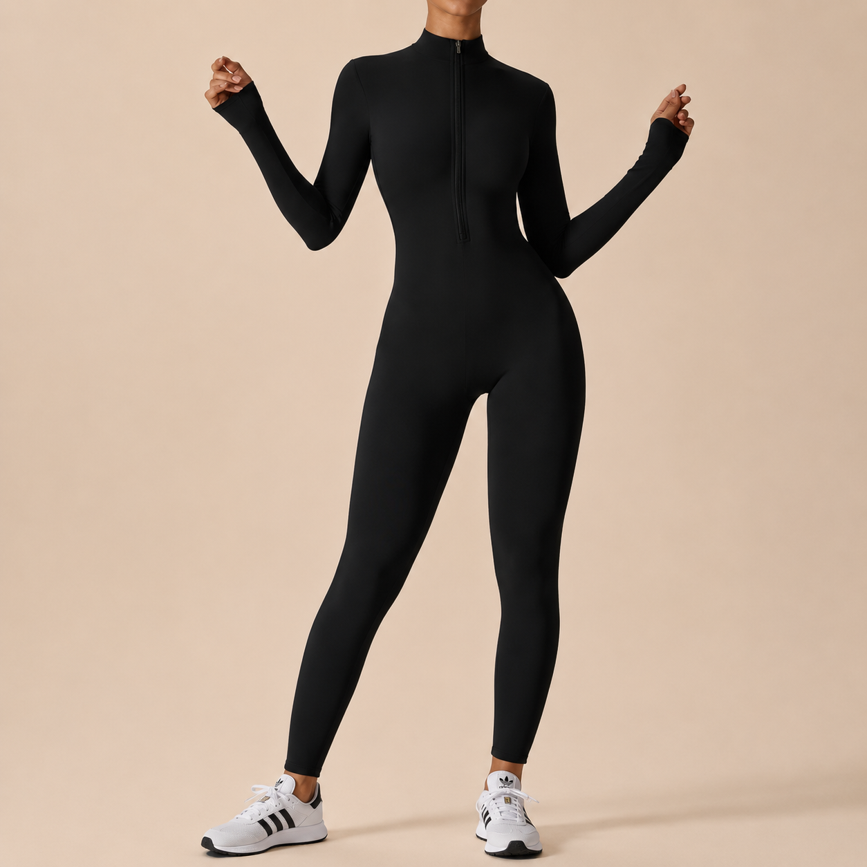 Women Long Sleeve Zip Jumpsuit | Fitted Yoga Unitard | Gym Workout Sportswear | Mock Neck Full Length Bodysuit