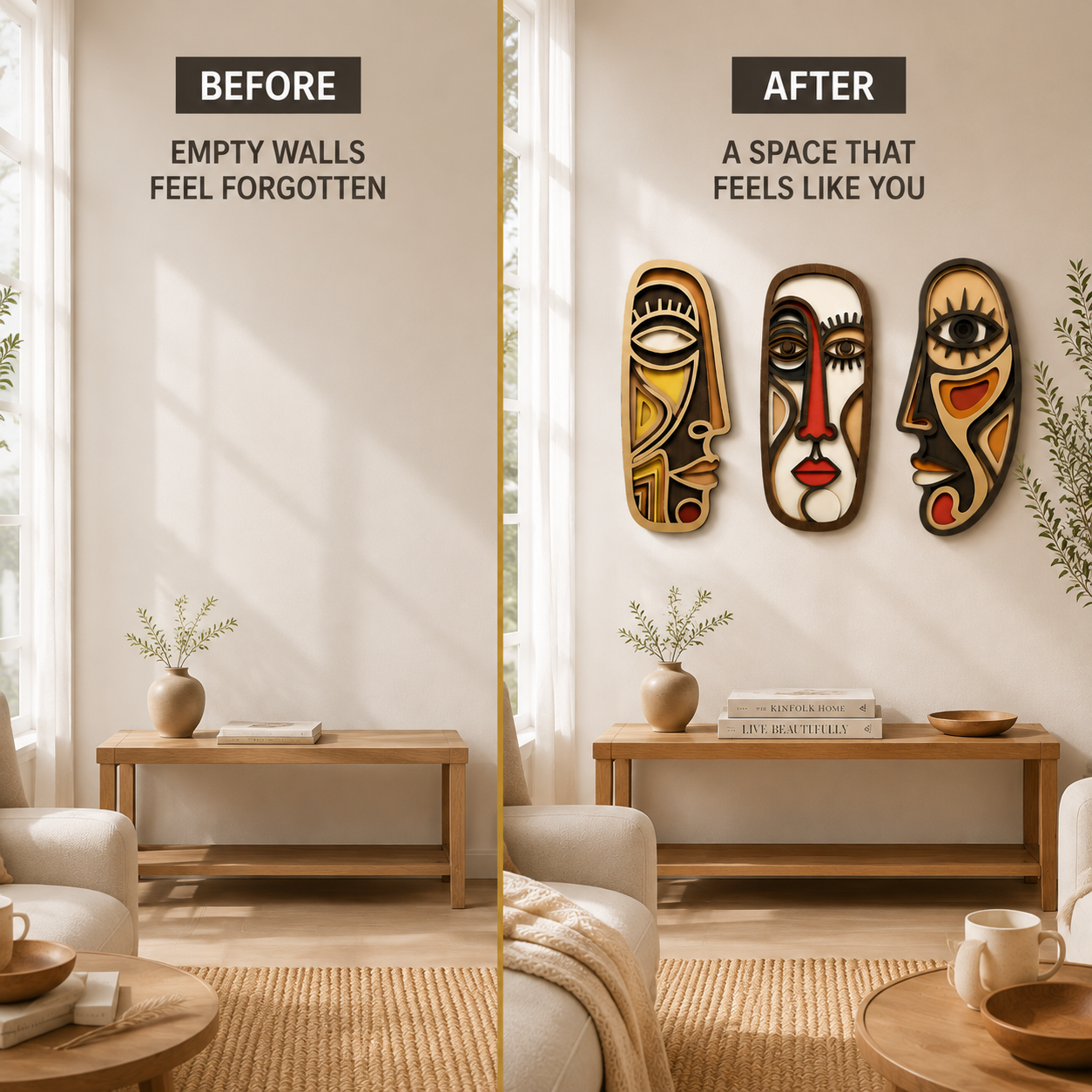 Abstract Face Wall Art Set | Minimalist Wooden Wall Decor | Bohemian Home Accent | Modern Room Decoration | Artistic Hanging Decor