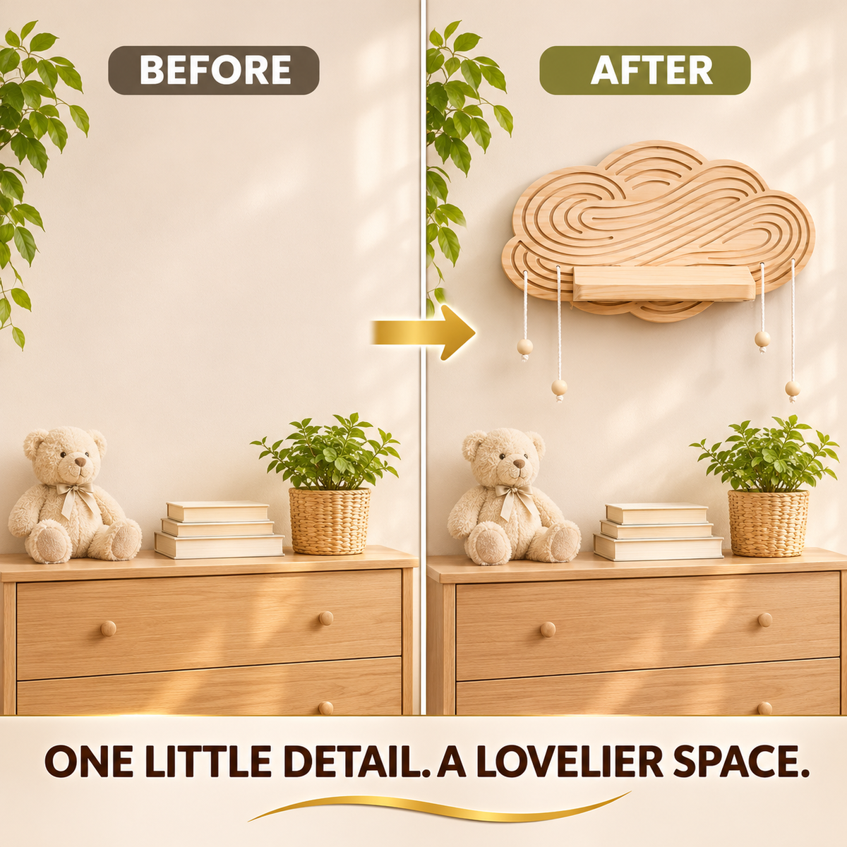Wooden Cloud Wall Shelf with Hanging Bead Tassels, Boho Nursery Decor, Rustic Floating Shelf for Baby Room and Bedroom