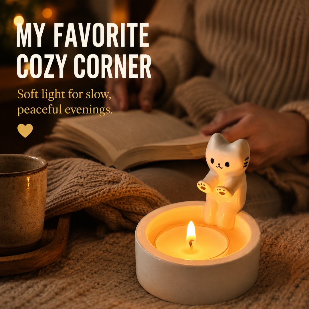 Cute Cat Candle Holder, Ceramic Kitten Decor, Tealight Holder Gift