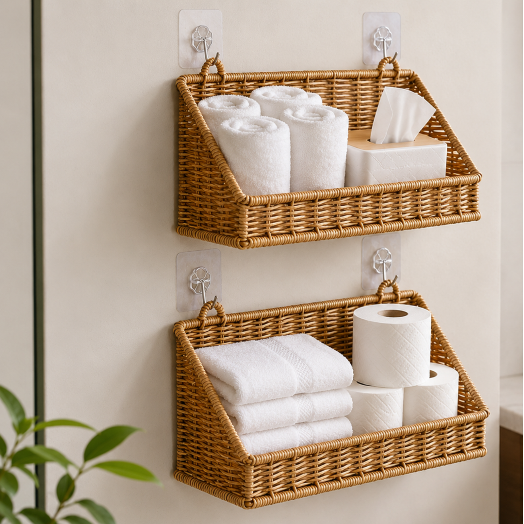 Wall Mounted Storage Basket – Boho Rattan-Look Hanging Organizer