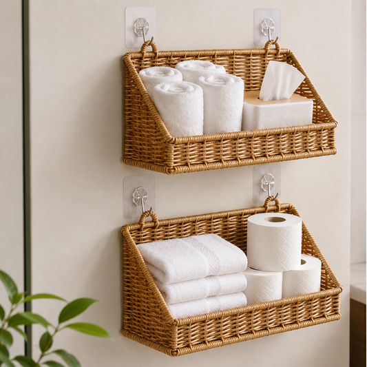 Wall Mounted Storage Basket – Boho Rattan-Look Hanging Organizer
