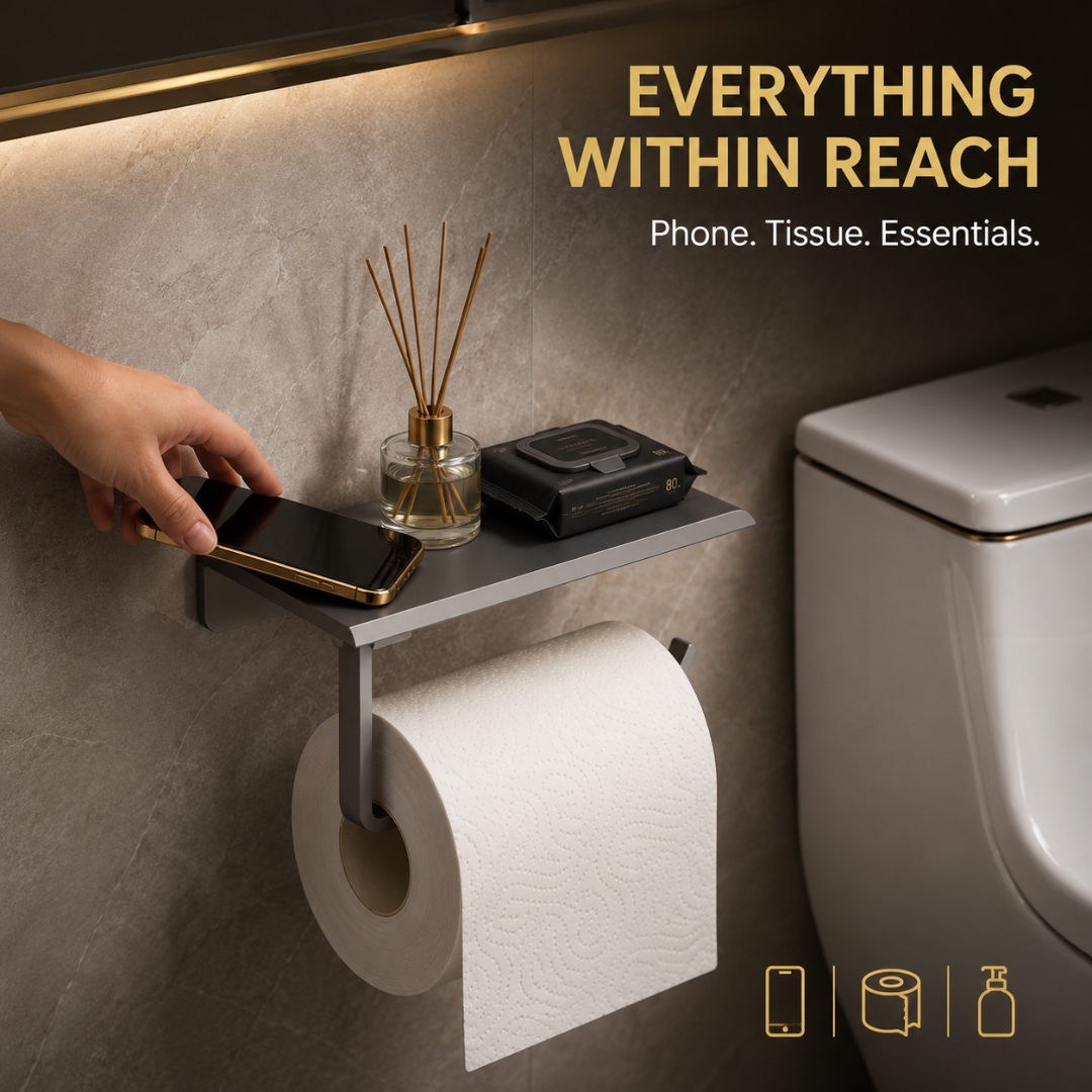 No Drill Toilet Paper Holder, Wall Mounted Shelf Organizer, Space Saving Holder