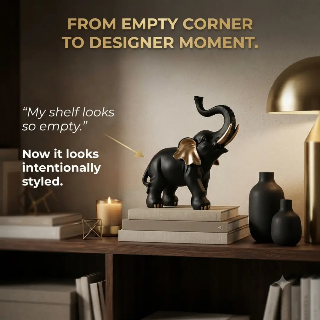 Black Gold Elephant Statue, Modern Resin Decor, Lucky Home Accent, Luxury Shelf Styling, Mantel Piece, Office Desk Decor Jumartins