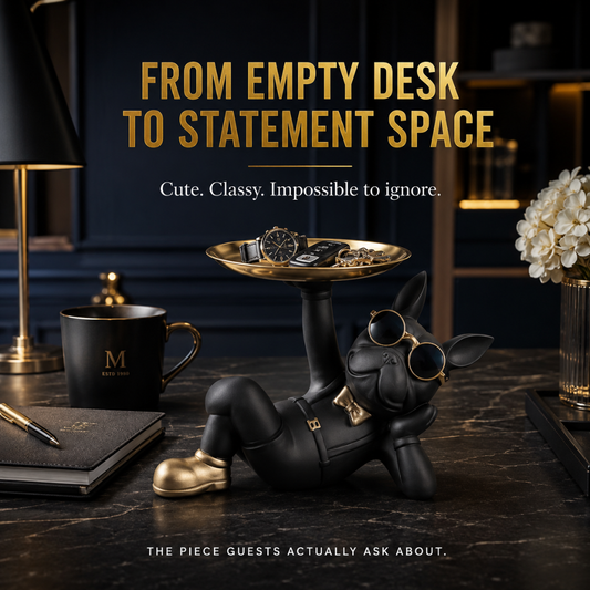 Black Bulldog Statue with Tray – Key Holder, Jewelry Organizer, Luxury Entryway Decor, Office Desk Accessory, Modern Home Accent Gift