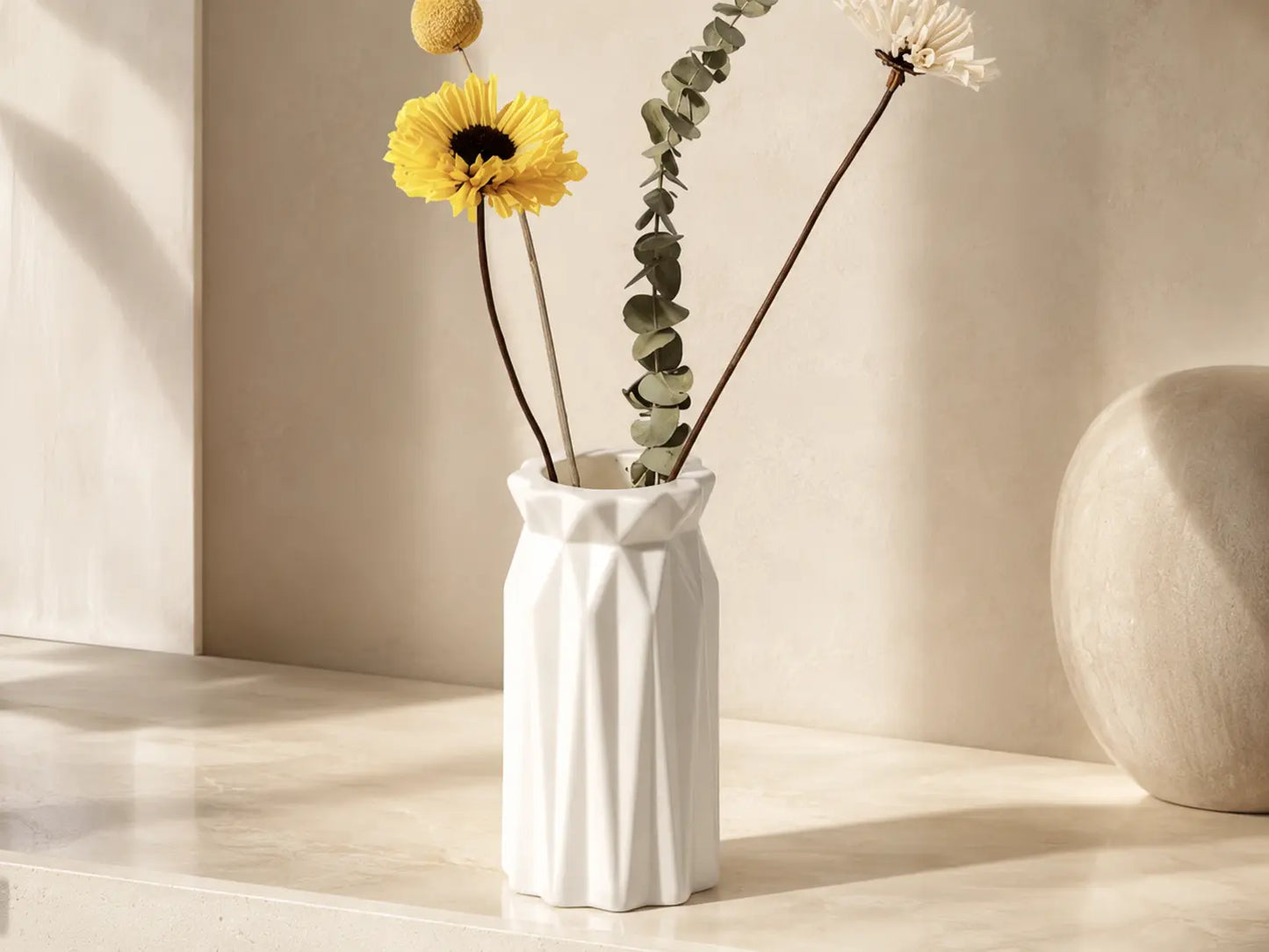 White Textured Plastic Vase | Modern Flower Holder | Minimalist Table Decor | Living Room Shelf Orna Jumartins