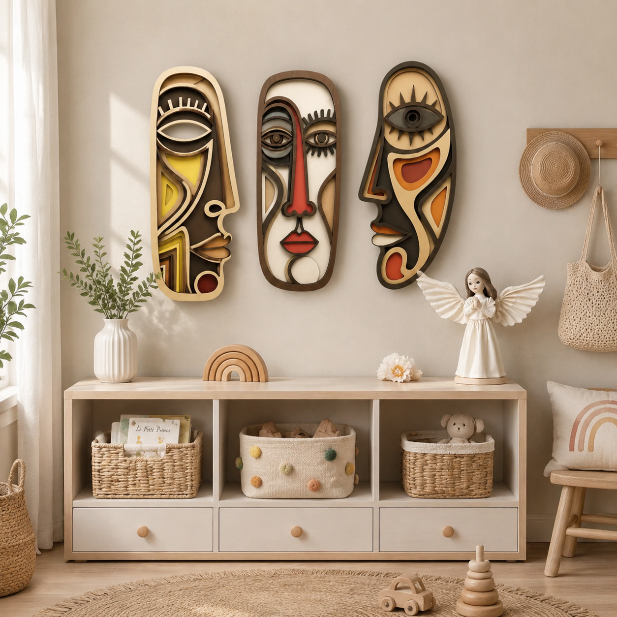 Abstract Face Wall Art Set | Minimalist Wooden Wall Decor | Bohemian Home Accent | Modern Room Decoration | Artistic Hanging Decor