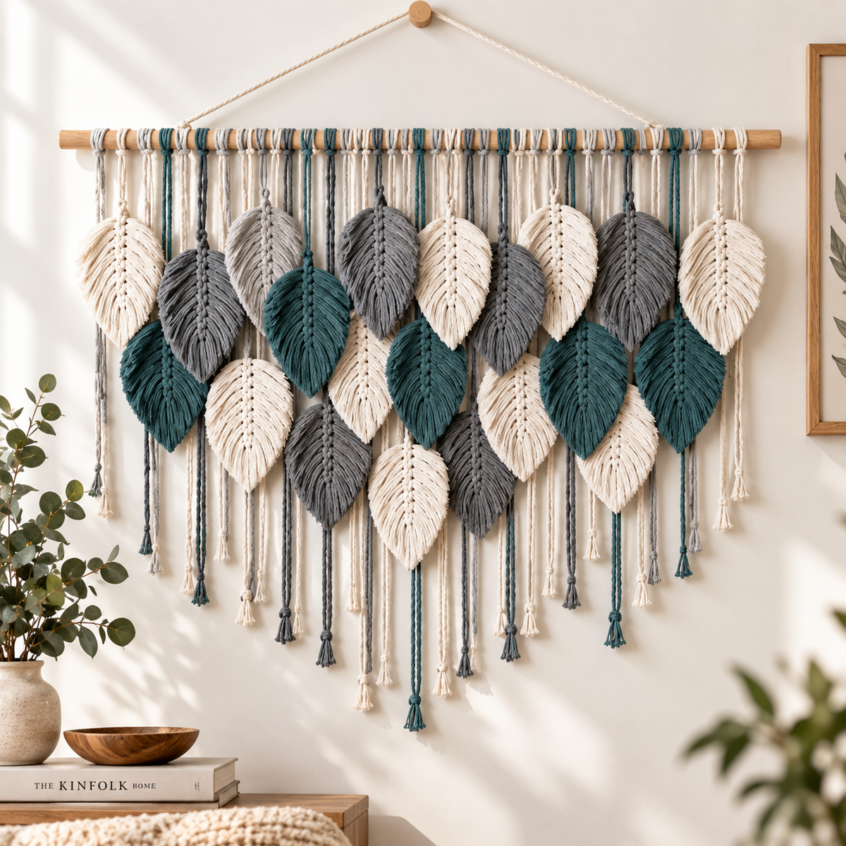 Boho Leaf Macrame Wall Hanging | Woven Feather Tapestry Decor | Textured Bedroom Living Room Wall Art | Natural Home Accent