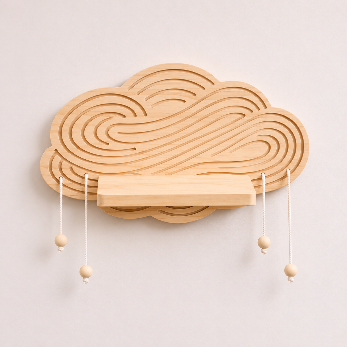 Wooden Cloud Wall Shelf with Hanging Bead Tassels, Boho Nursery Decor, Rustic Floating Shelf for Baby Room and Bedroom