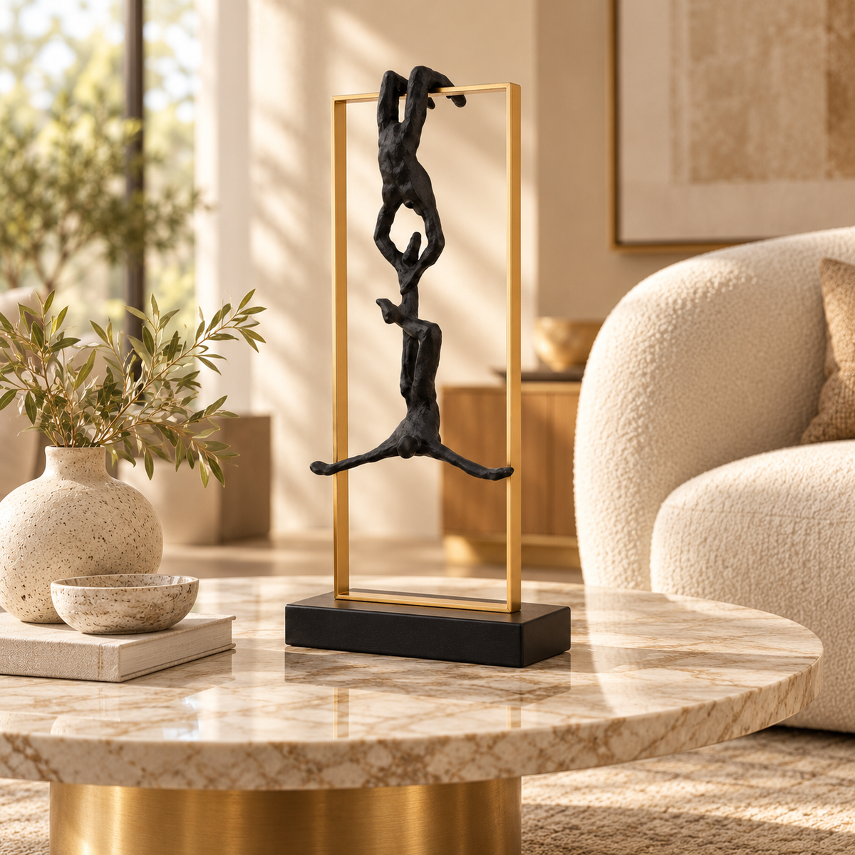 Abstract Climbing Figure Sculpture | Resin Athlete Statue | Modern Desk Decoration | Gold Frame Tabletop Accent for Living Room or Office