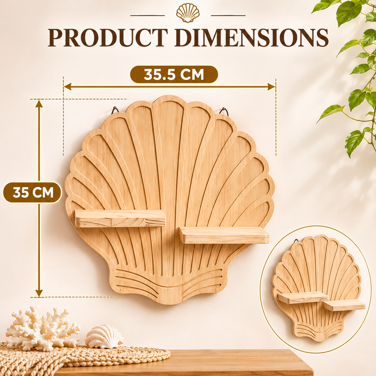 Seashell Wooden Wall Shelf, Coastal Nautical Decor, Wall Mounted Display Shelves for Bedroom Living Room