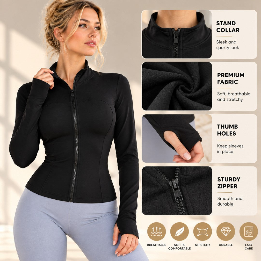 Women's Black Zip Up Yoga Jacket | Slim Fit Long Sleeve Workout Top | Fitted Pilates Jacket | Minimalist Athleisure Wear