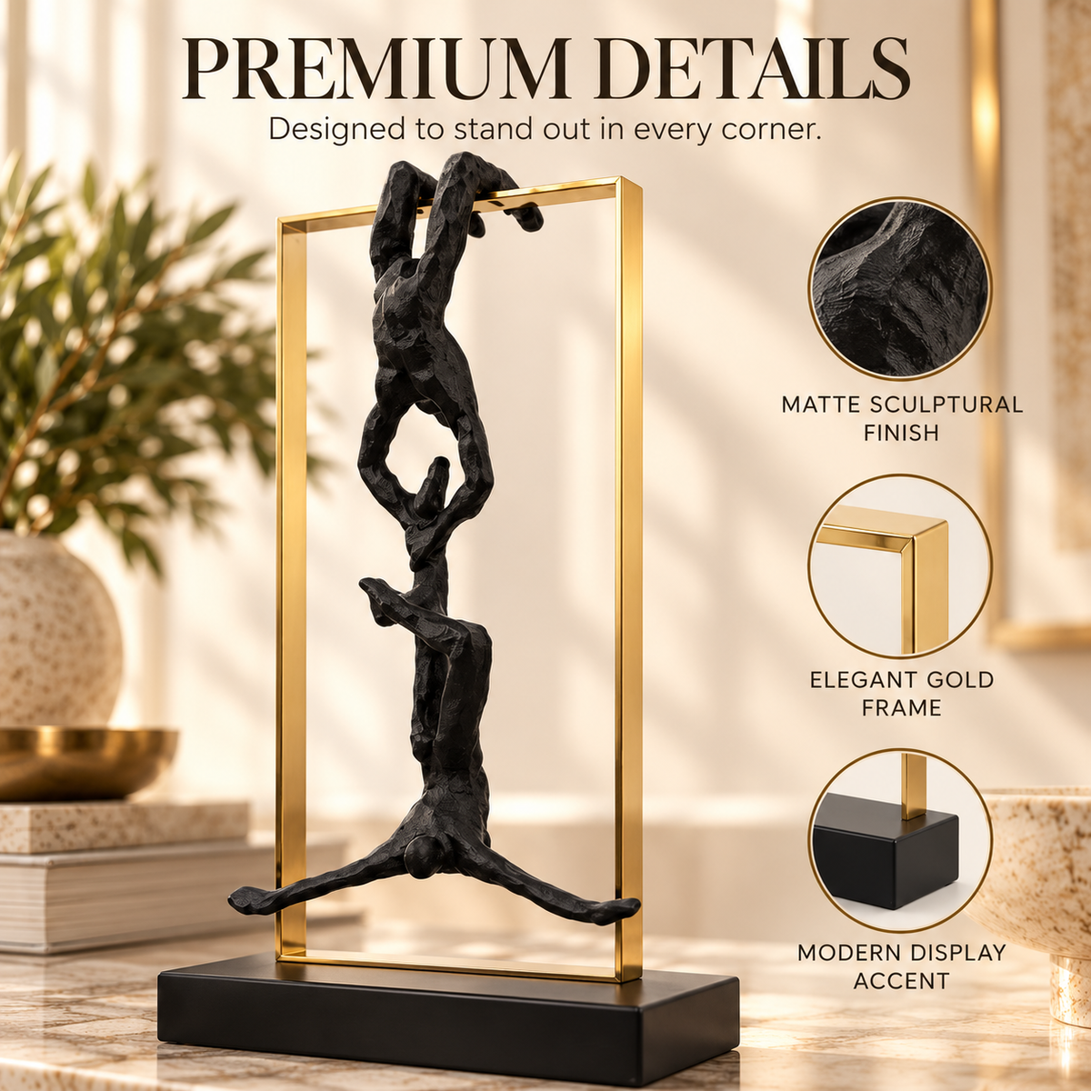 Abstract Climbing Figure Sculpture | Resin Athlete Statue | Modern Desk Decoration | Gold Frame Tabletop Accent for Living Room or Office