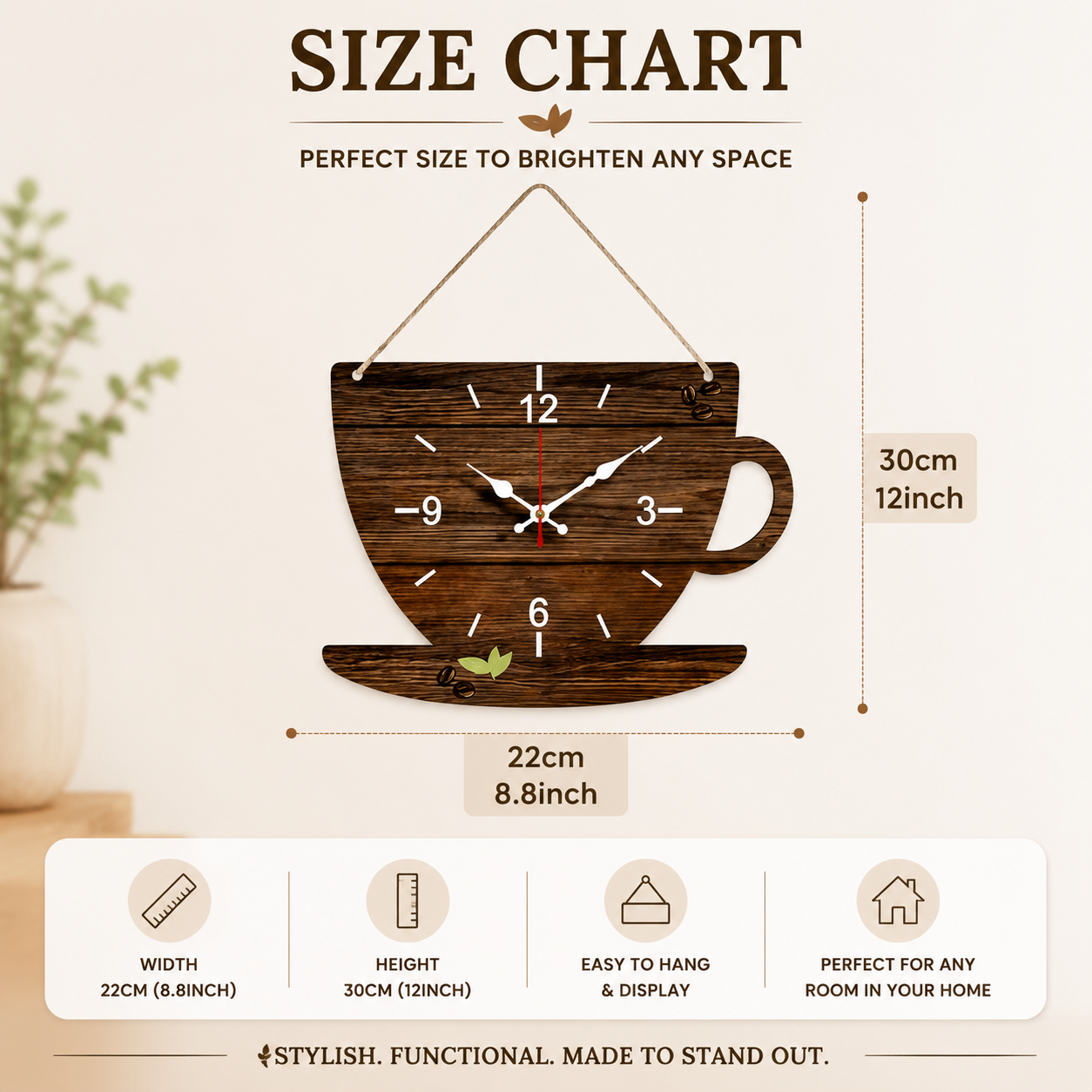 Coffee Cup Wall Clock | Wooden Hanging Clock | Coffee Inspired Home Decor | Kitchen Living Room Wall Art | Cozy Room Decoration