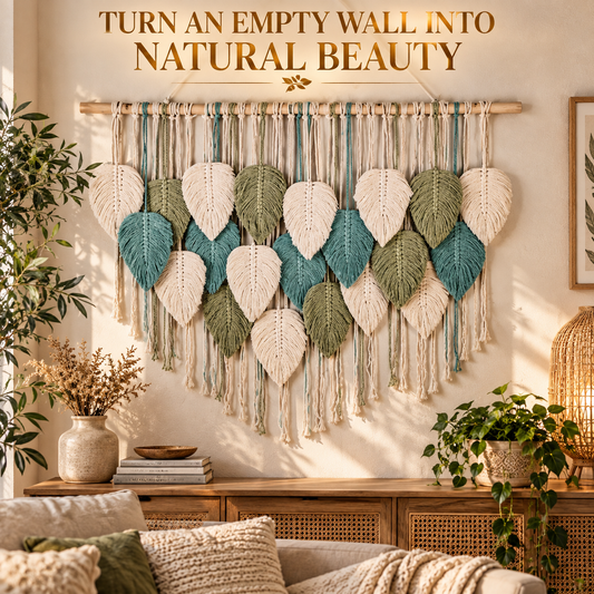 Boho Leaf Macrame Wall Hanging | Woven Feather Tapestry Decor | Textured Bedroom Living Room Wall Art | Natural Home Accent