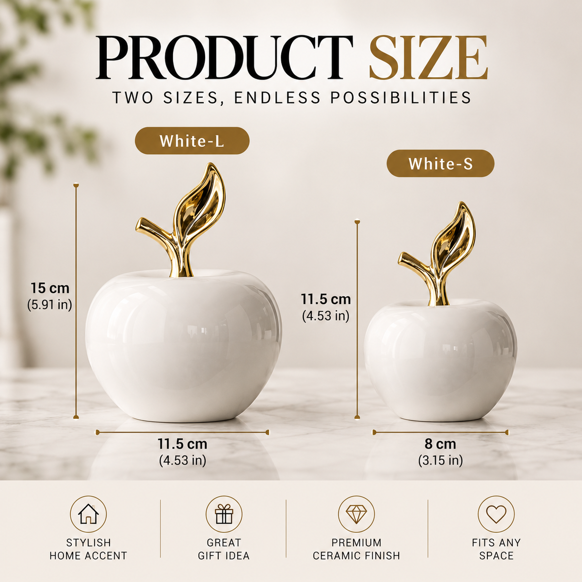Glossy Apple Ornament with Gold Leaf | Ceramic Tabletop Accent | Modern Shelf Decor | Elegant Home Styling