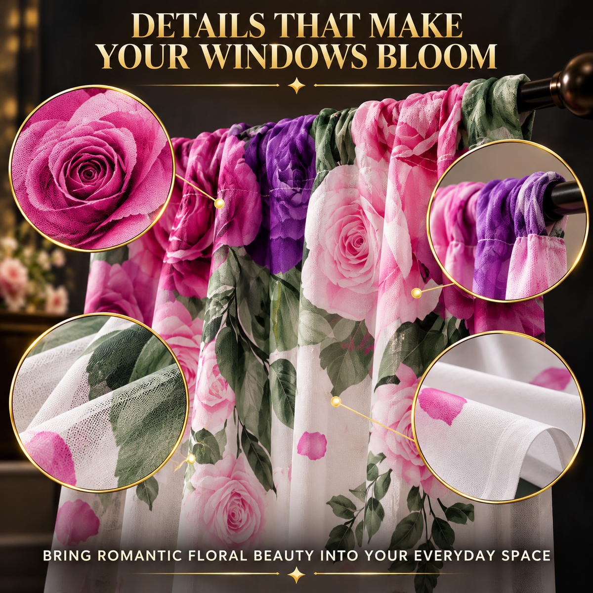 Rose Floral Curtains | Dream Fallen Rose Pattern Window Drapes | Romantic Bedroom Living Room Decor | Rod Pocket Panels