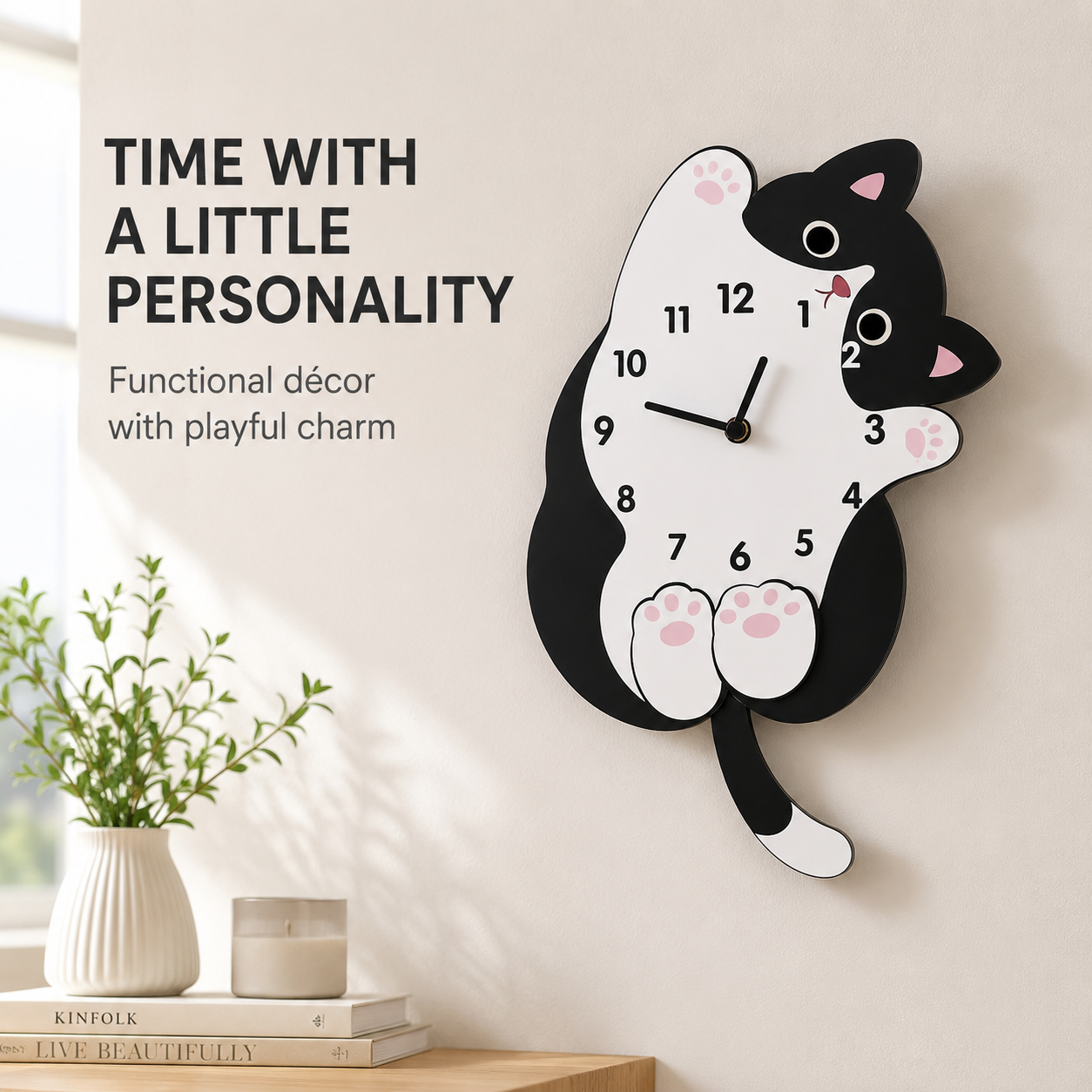 Cute Cat Tail Swaying Wall Clock | Cartoon Animal Wall Clock | Creative Hanging Home Decor | Living Room Bedroom Accent Clock