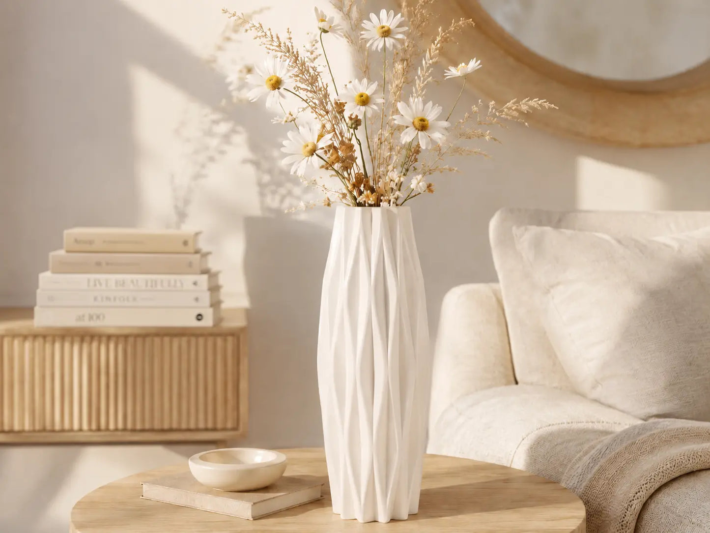 White Textured Plastic Vase | Modern Flower Holder | Minimalist Table Decor | Living Room Shelf Orna Jumartins