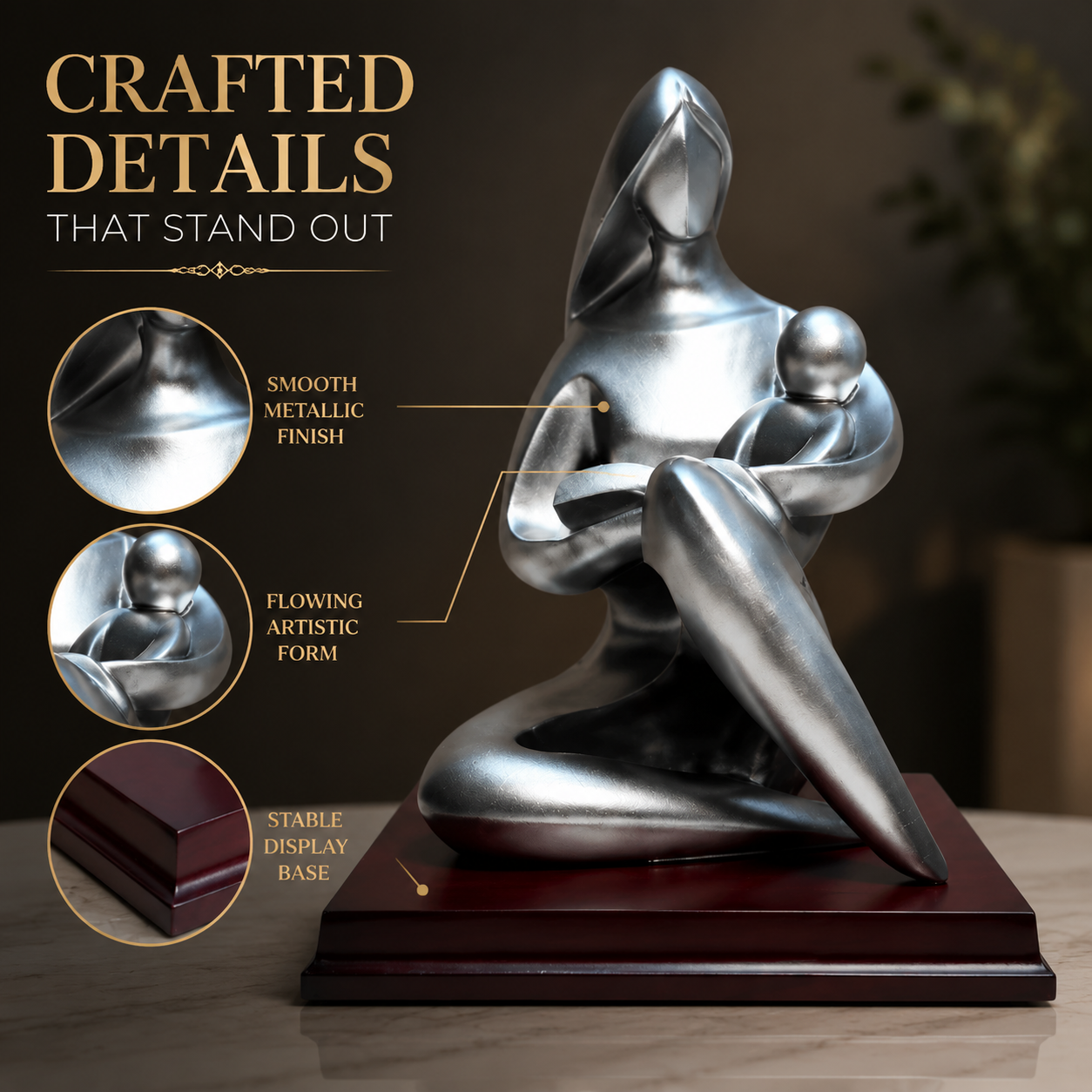 Mother and Son Abstract Sculpture | Family Figurine Statue | Silver Character Ornament for Desk Shelf Living Room Decor