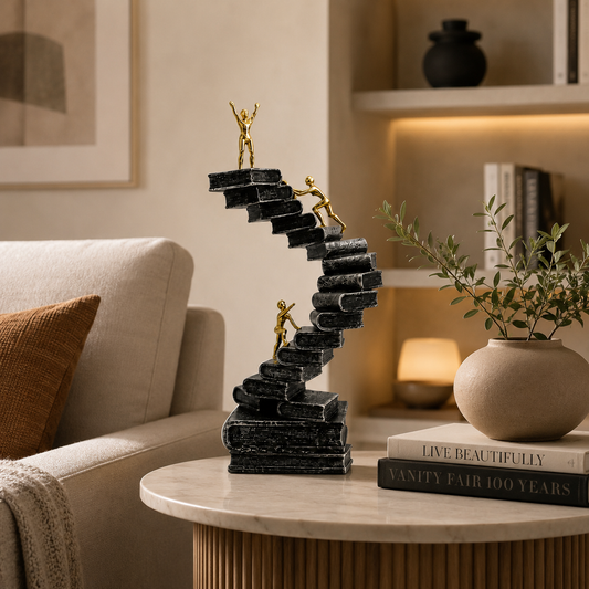 Climbing Book Staircase Sculpture | Gold Figure Office Decor | Inspirational Desk and Living Room Accent