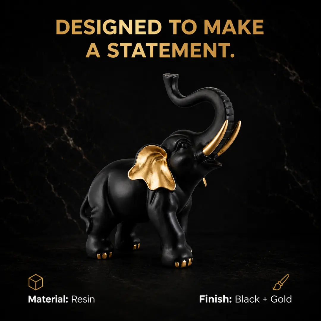 Black Gold Elephant Statue, Modern Resin Decor, Lucky Home Accent, Luxury Shelf Styling, Mantel Piece, Office Desk Decor Jumartins