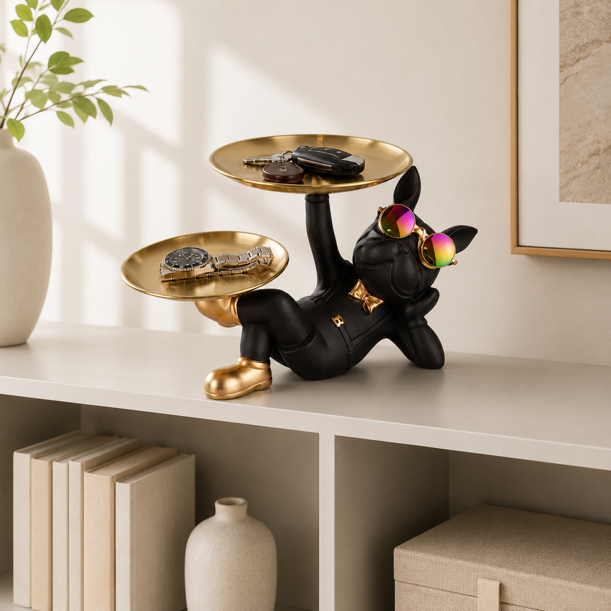 Dog Valet Tray Organizer | Black Puppy Decor Tray | Key Holder Statue | Watch Display Stand | Gift For Pet Lover Desk Decor
