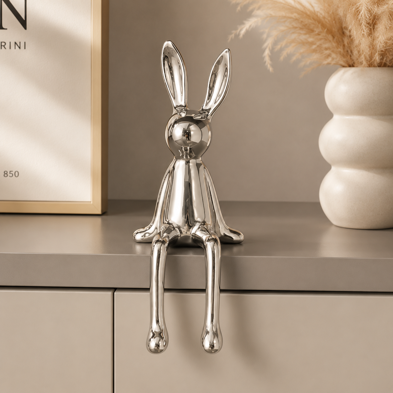 Ceramic Rabbit Figurine Decor | Long Ear Sitting Bunny Statue | Modern Shelf Accent for Home Room Styling