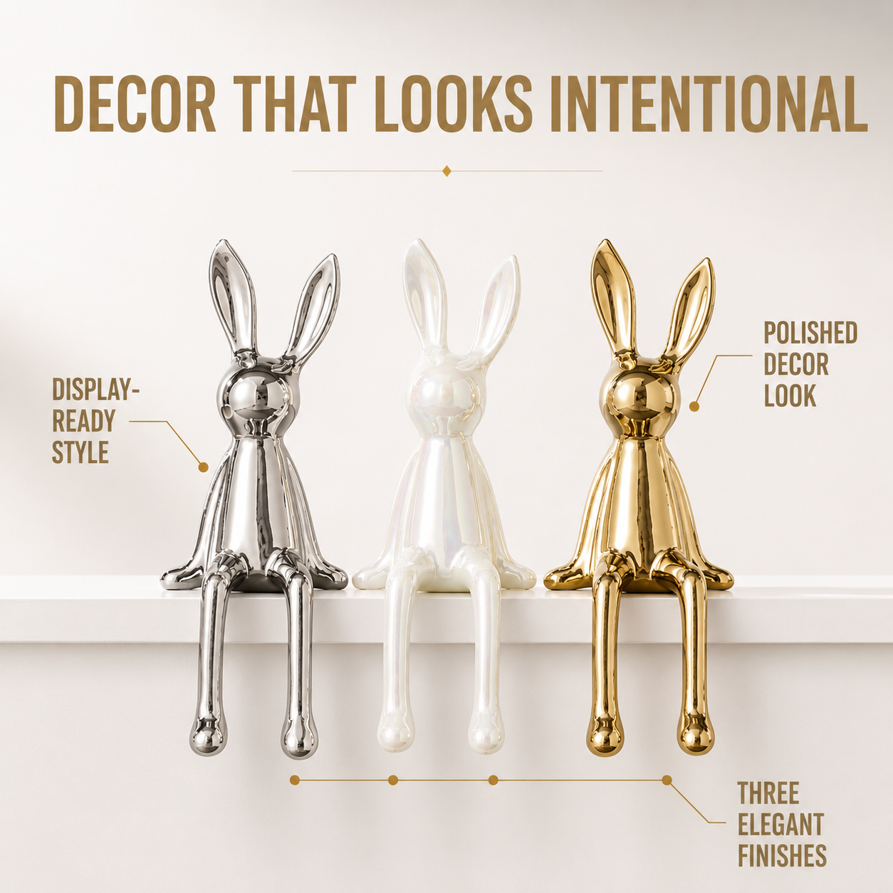Ceramic Rabbit Figurine Decor | Long Ear Sitting Bunny Statue | Modern Shelf Accent for Home Room Styling