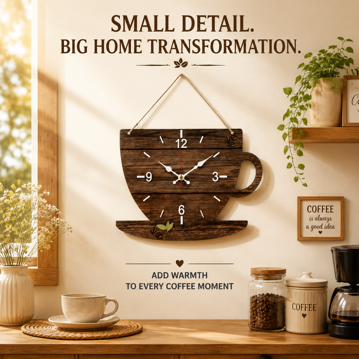 Coffee Cup Wall Clock | Wooden Hanging Clock | Coffee Inspired Home Decor | Kitchen Living Room Wall Art | Cozy Room Decoration