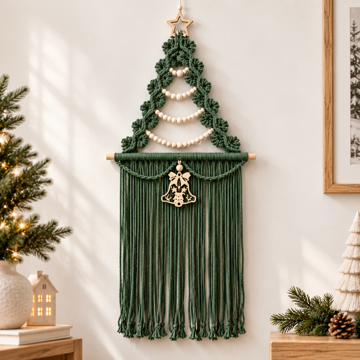 Christmas Tree Macrame Wall Hanging Woven Tapestry Holiday Decor Wood Beads Bell Bedroom Accent