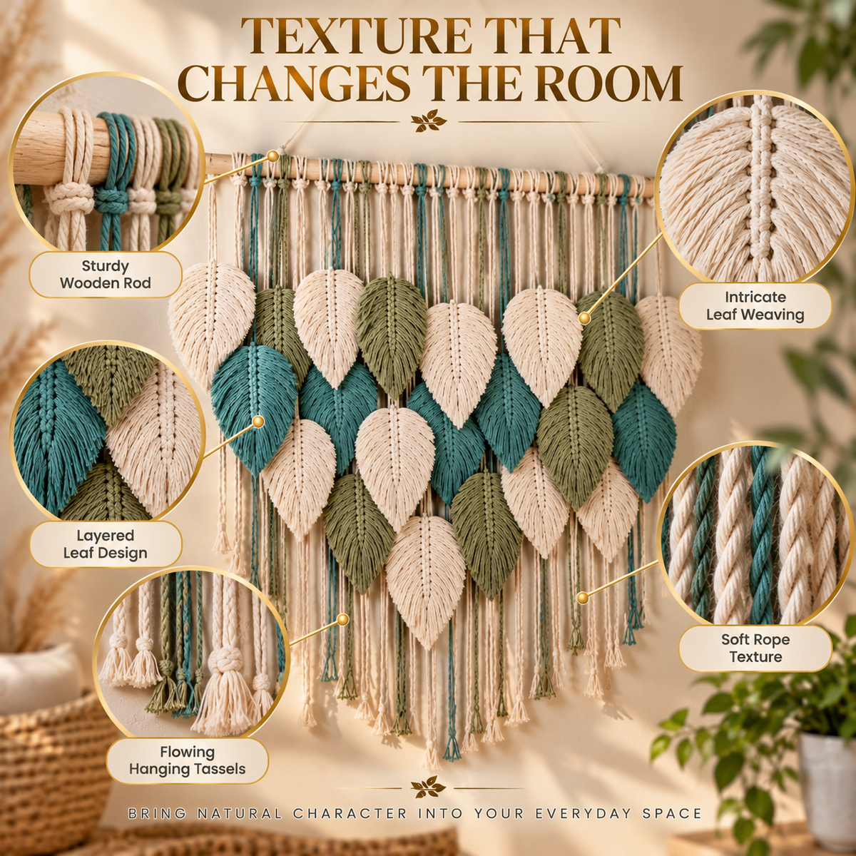 Boho Leaf Macrame Wall Hanging | Woven Feather Tapestry Decor | Textured Bedroom Living Room Wall Art | Natural Home Accent