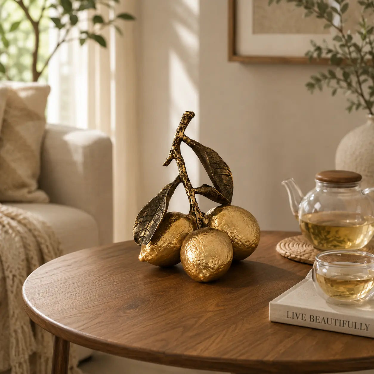 Golden Lemon Sculpture Decor | Decorative Fruit Table Accent | Modern Shelf Ornament | Kitchen Dining Room Display | Housewarming Gift Jumartins