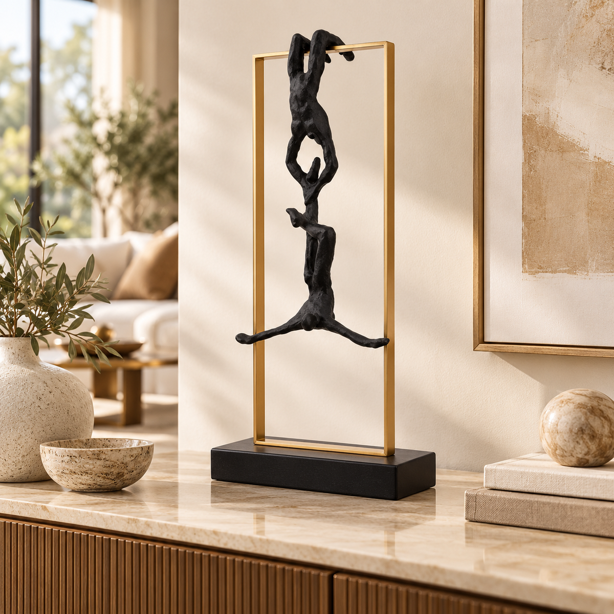 Abstract Climbing Figure Sculpture | Resin Athlete Statue | Modern Desk Decoration | Gold Frame Tabletop Accent for Living Room or Office