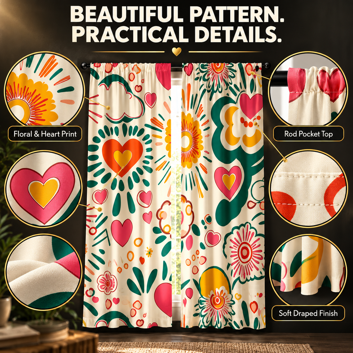Floral Print Curtains | Heart Pattern Window Drapes | Rod Pocket Bedroom Curtains | Cozy Living Room Window Decor