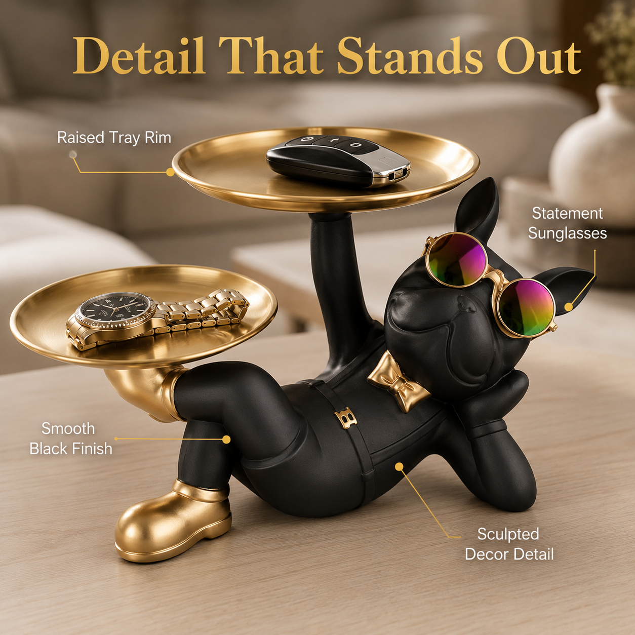 Dog Valet Tray Organizer | Black Puppy Decor Tray | Key Holder Statue | Watch Display Stand | Gift For Pet Lover Desk Decor