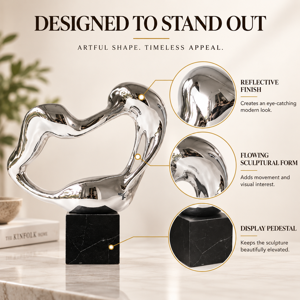 Silver Abstract Sculpture | Melting Heart Statue | Modern Desk Decor | Fluid Art Ornament | Shelf & Living Room Accent