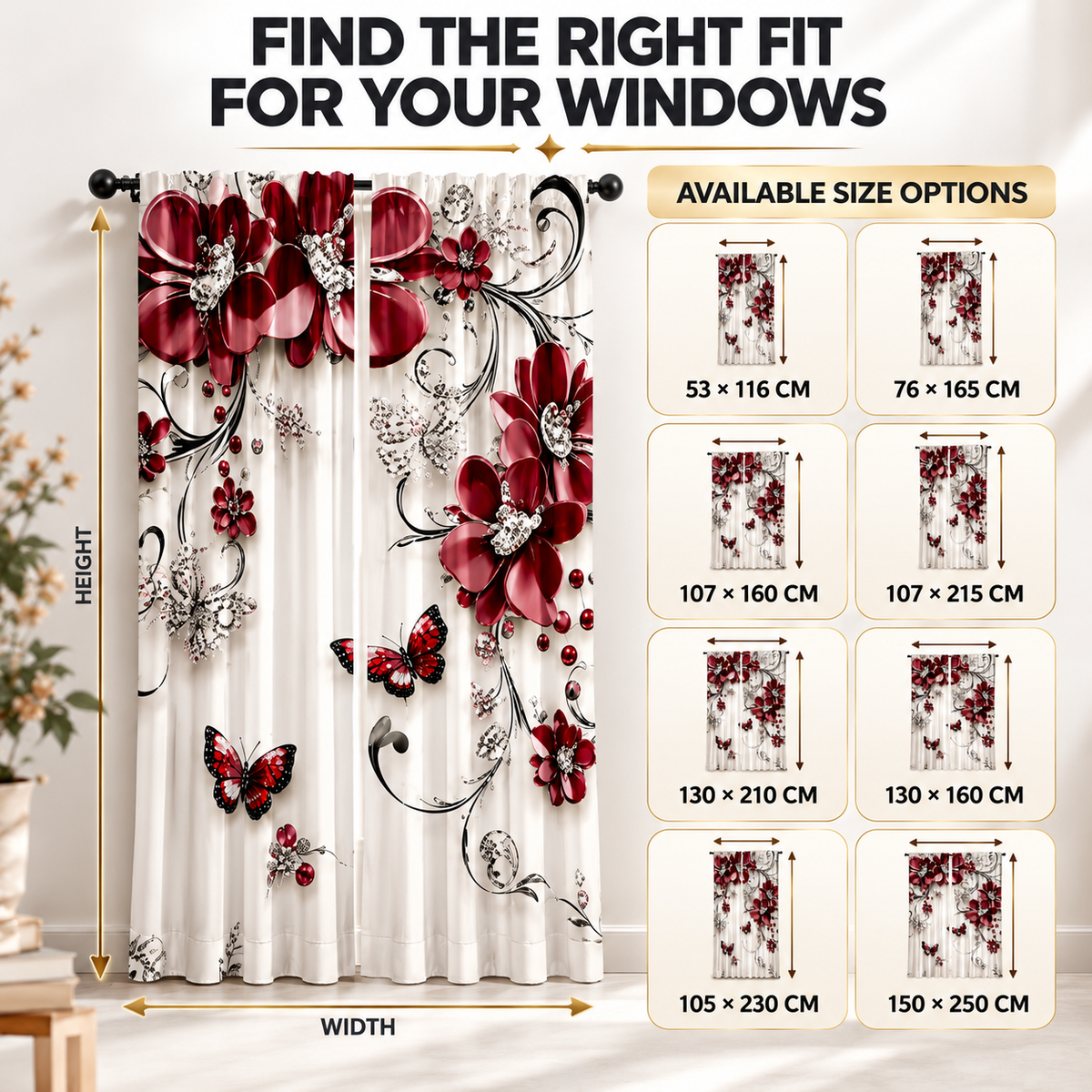 Floral Print Curtains | Rose Butterfly Window Drapes | Romantic Bedroom Living Room Decor | Sheer Rod Pocket Panels