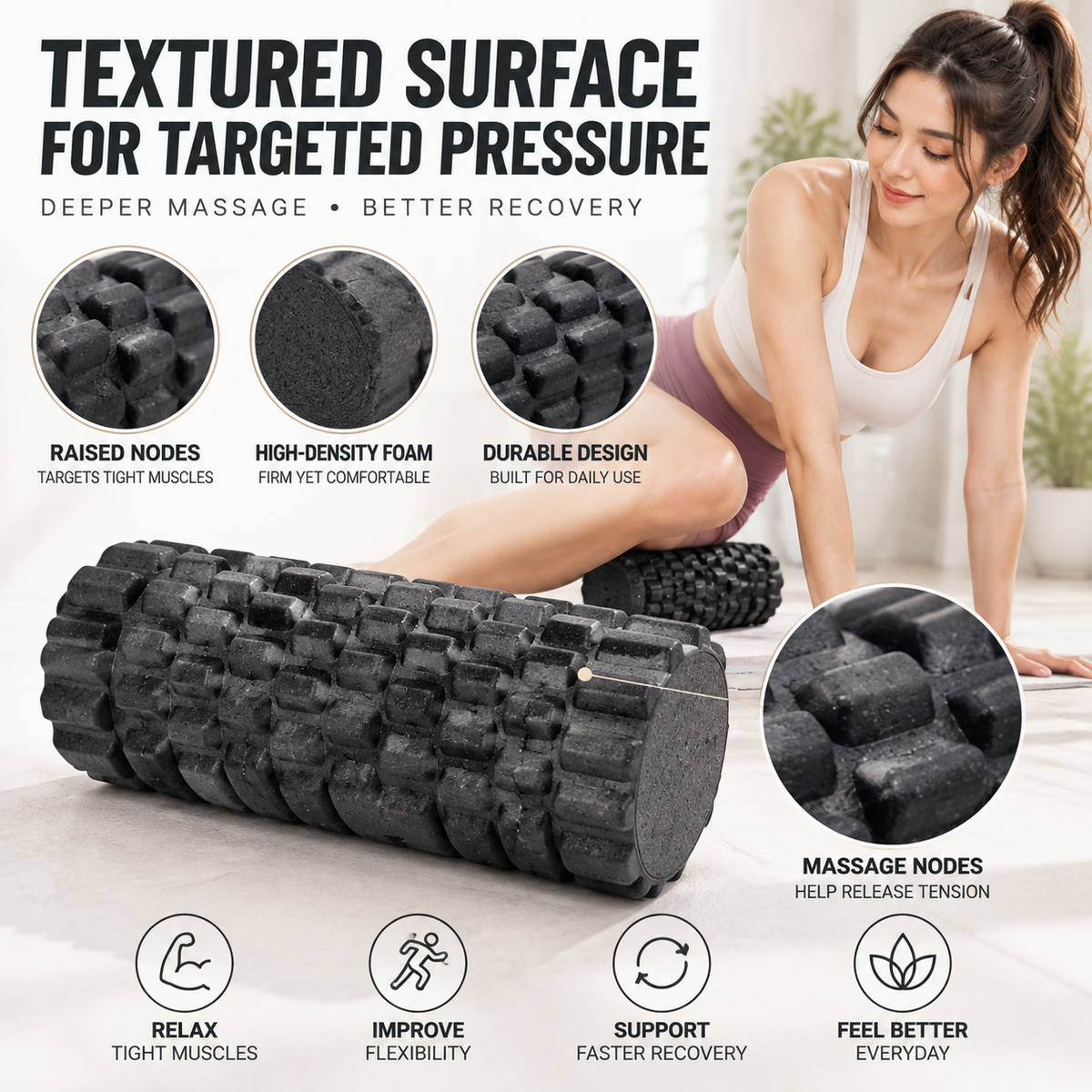 33cm Fitness Foam Roller | Textured Yoga Massage Roller | Pilates Recovery Exercise Tool | Muscle Massage Roller For Home Gym Workouts