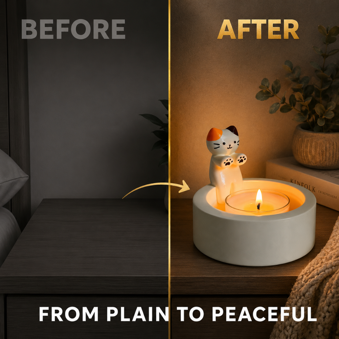 Cute Cat Candle Holder, Ceramic Kitten Decor, Tealight Holder Gift