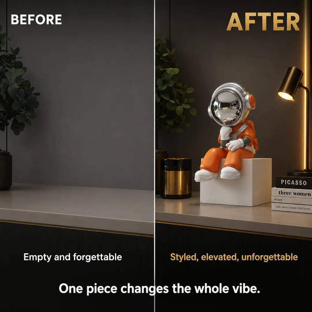 Astronaut Desk Decor, Space Shelf Statue, Headphone Figurine Gift, Sci Fi Ornament, Modern Office Accent, Cosmic Room Decor Jumartins