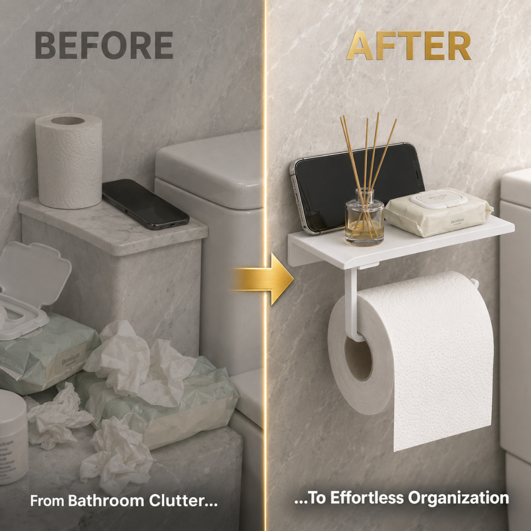 No Drill Toilet Paper Holder, Wall Mounted Shelf Organizer, Space Saving Holder
