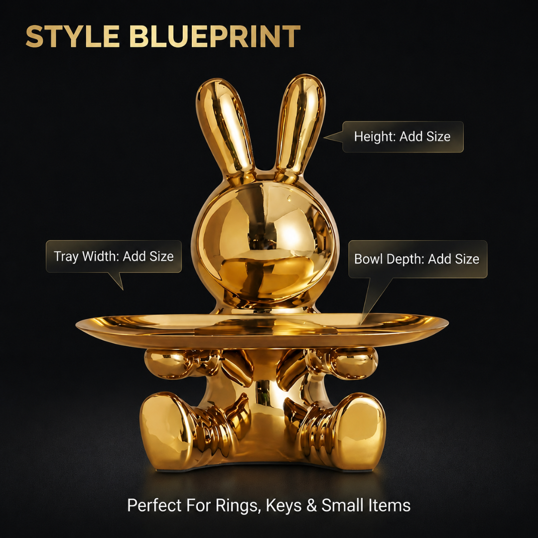 Decorative Rabbit Figurine Statue on Ornate Tray — Luxury Bunny Sculpture for Home Décor